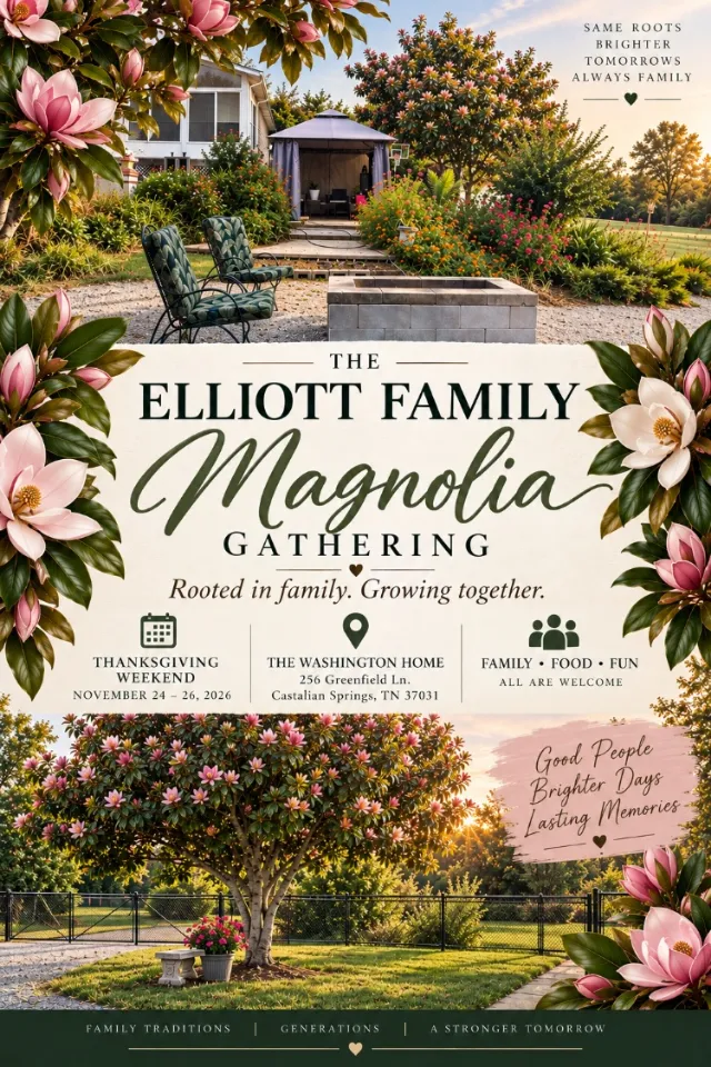 The Elliott Family Magnolia Gathering poster: pink magnolias framing the backyard on Greenfield Lane, with the words Rooted in family, Growing together.